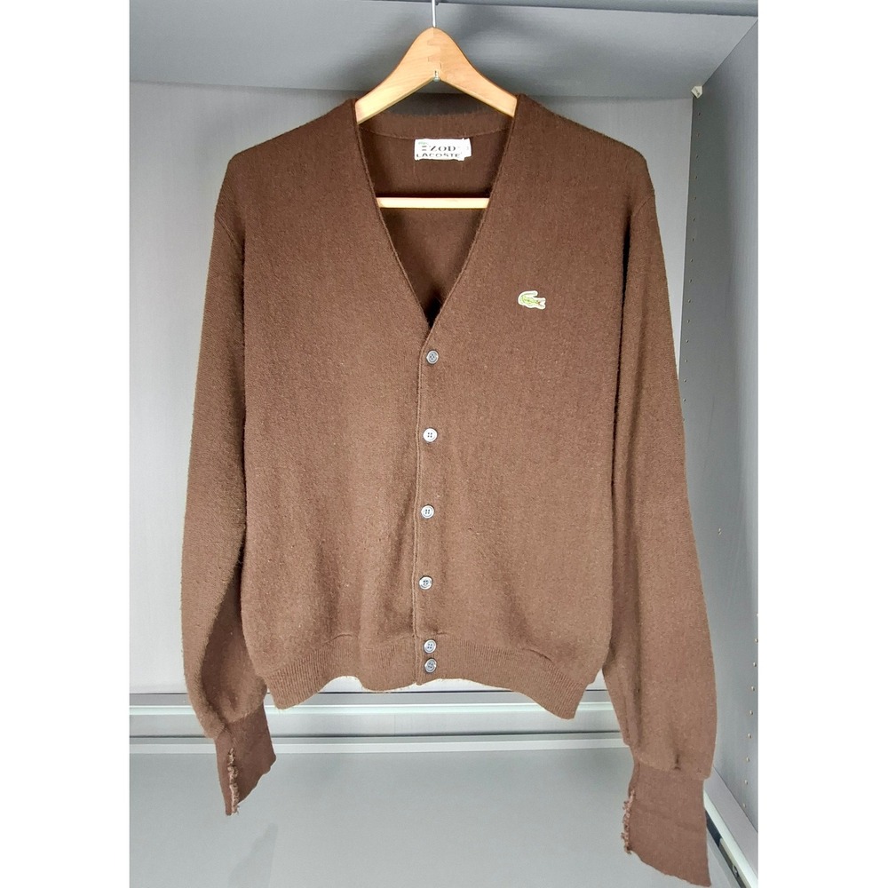 Vintage Izod Lacoste Cardigan Sweater Mens Medium Brown Orlon Acrylic 70s 80s